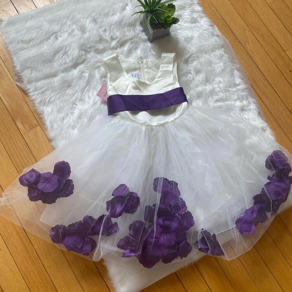 White and Purple Floral Tulle Dress with Bow Detail